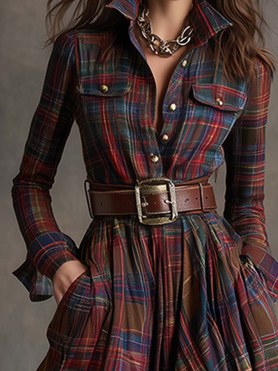 Damen Hemdblusenkleid mit Gürtel in Vintage-Karos Jully
