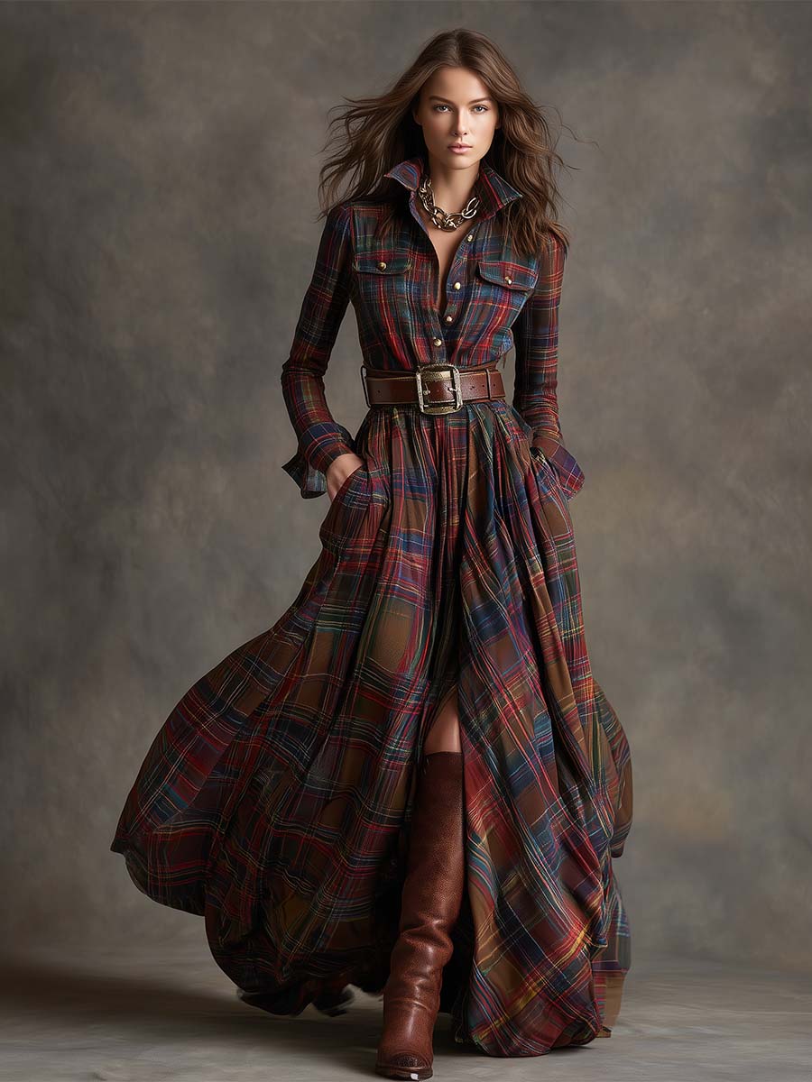 Damen Hemdblusenkleid mit Gürtel in Vintage-Karos Jully