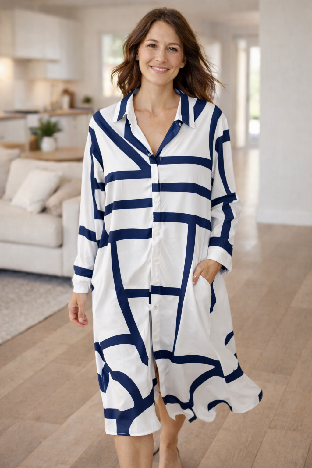 Damen Hemdblusenkleid mit geometrischem Aufdruck Jully