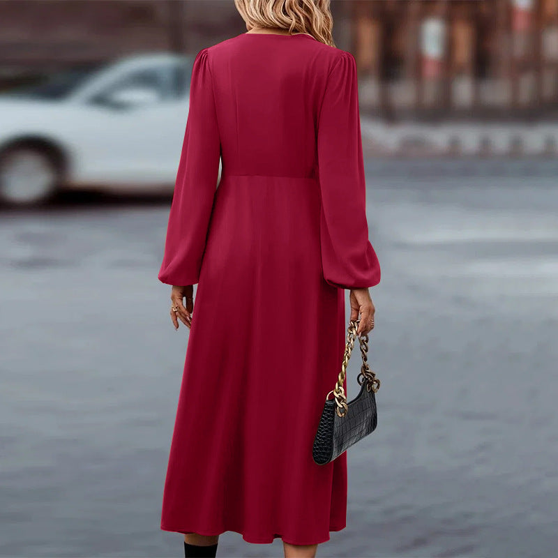 Damen Herbstkleid mit V-Ausschnitt und langen Ärmeln Jully