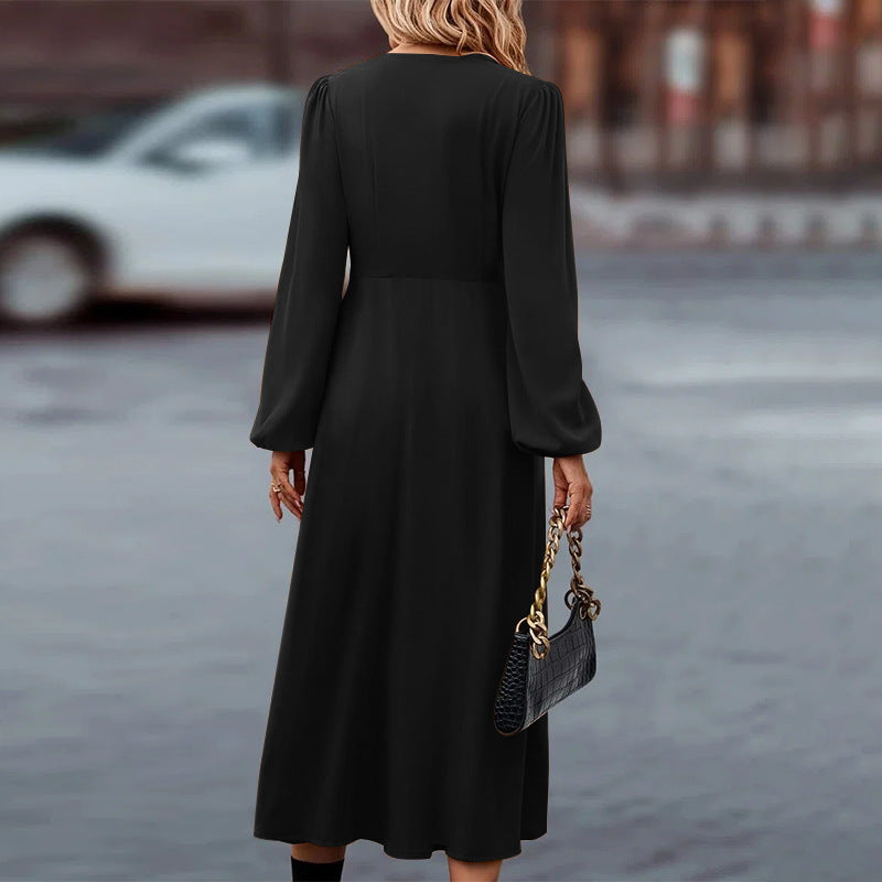 Damen Herbstkleid mit V-Ausschnitt und langen Ärmeln Jully