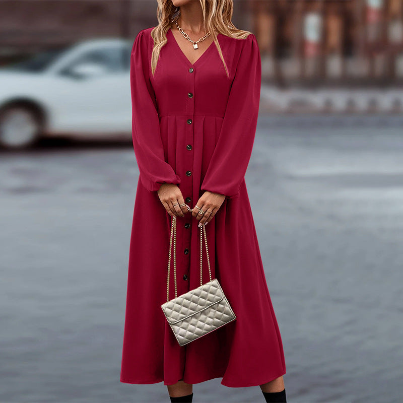 Damen Herbstkleid mit V-Ausschnitt und langen Ärmeln Jully