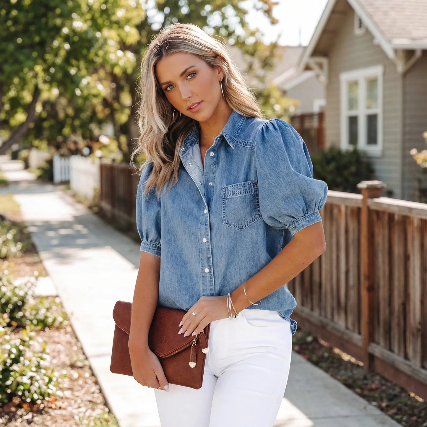 Damen Jeanshemd mit Puffärmeln und Knopfleiste Jully