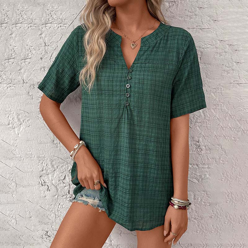 Damen Karierte Bluse mit V-Ausschnitt aus Baumwolle Jully