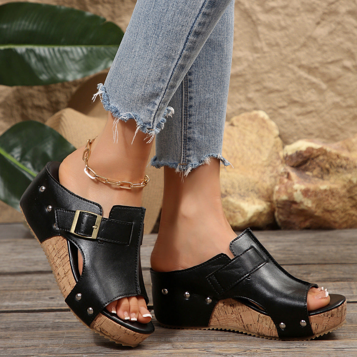 Damen Keilsandalen aus echtem Leder mit verstellbarer Schnalle Jully