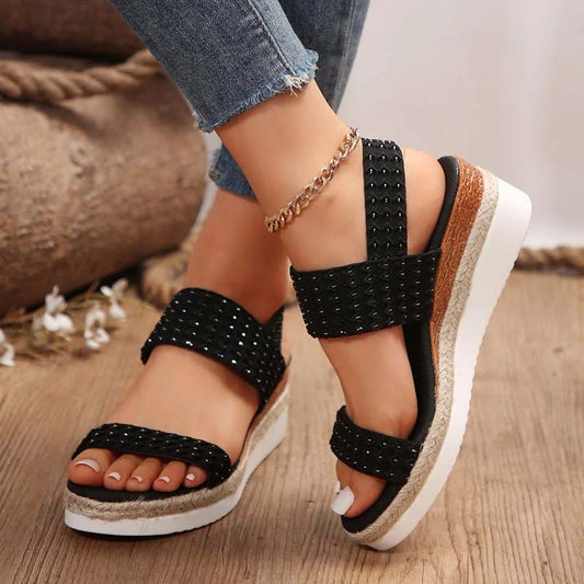 Damen Keilsandalen mit elastischem Band in Schwarz Jully