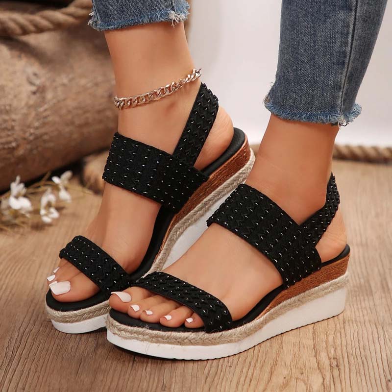 Damen Keilsandalen mit elastischem Band in Schwarz Jully