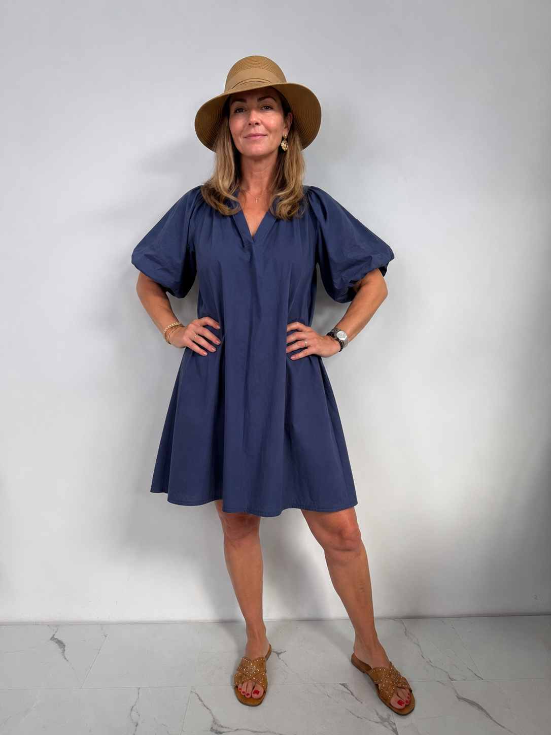 Damen Kleid mit Ballonärmeln aus Baumwolle Jully