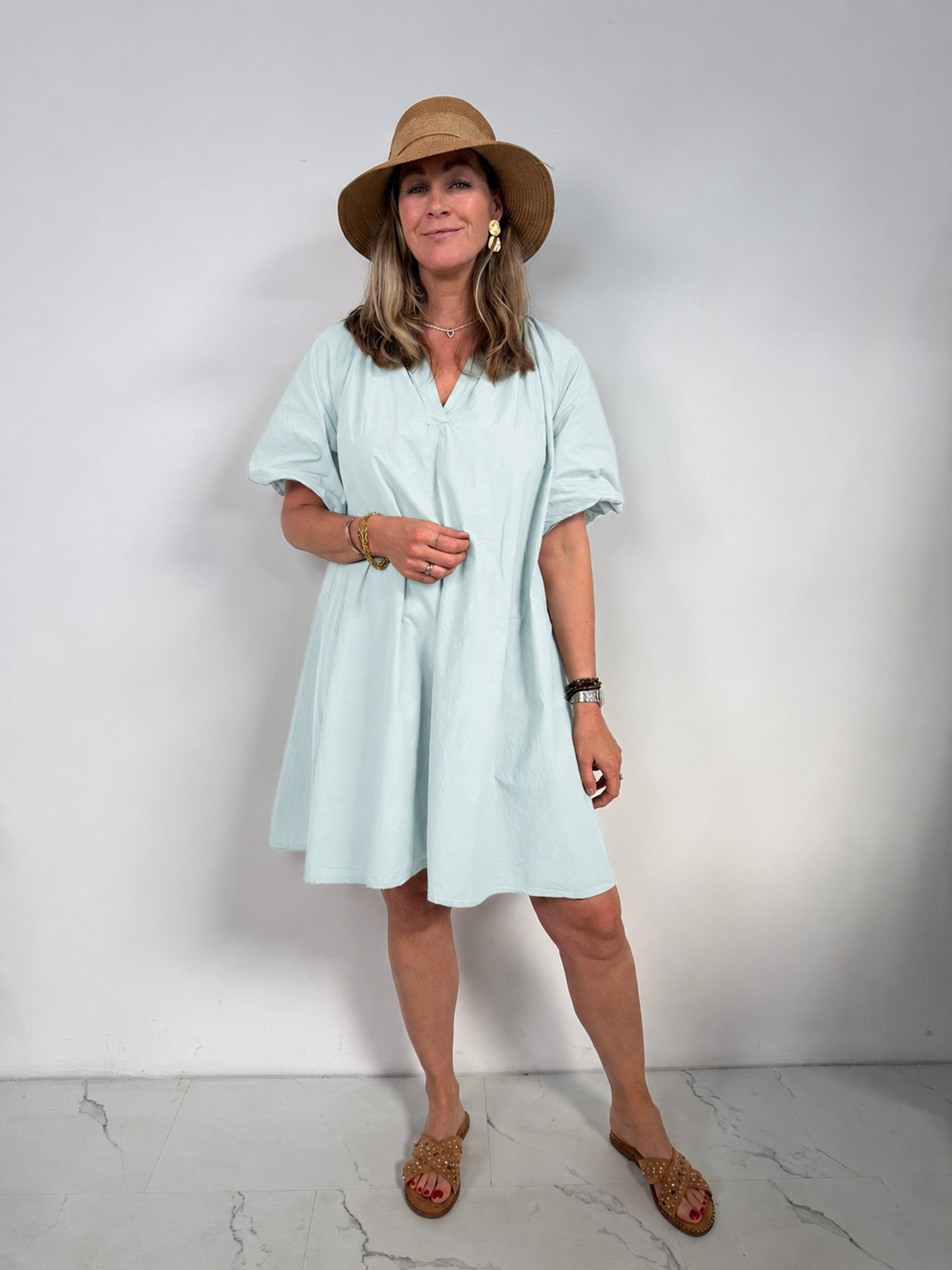 Damen Kleid mit Ballonärmeln aus Baumwolle Jully