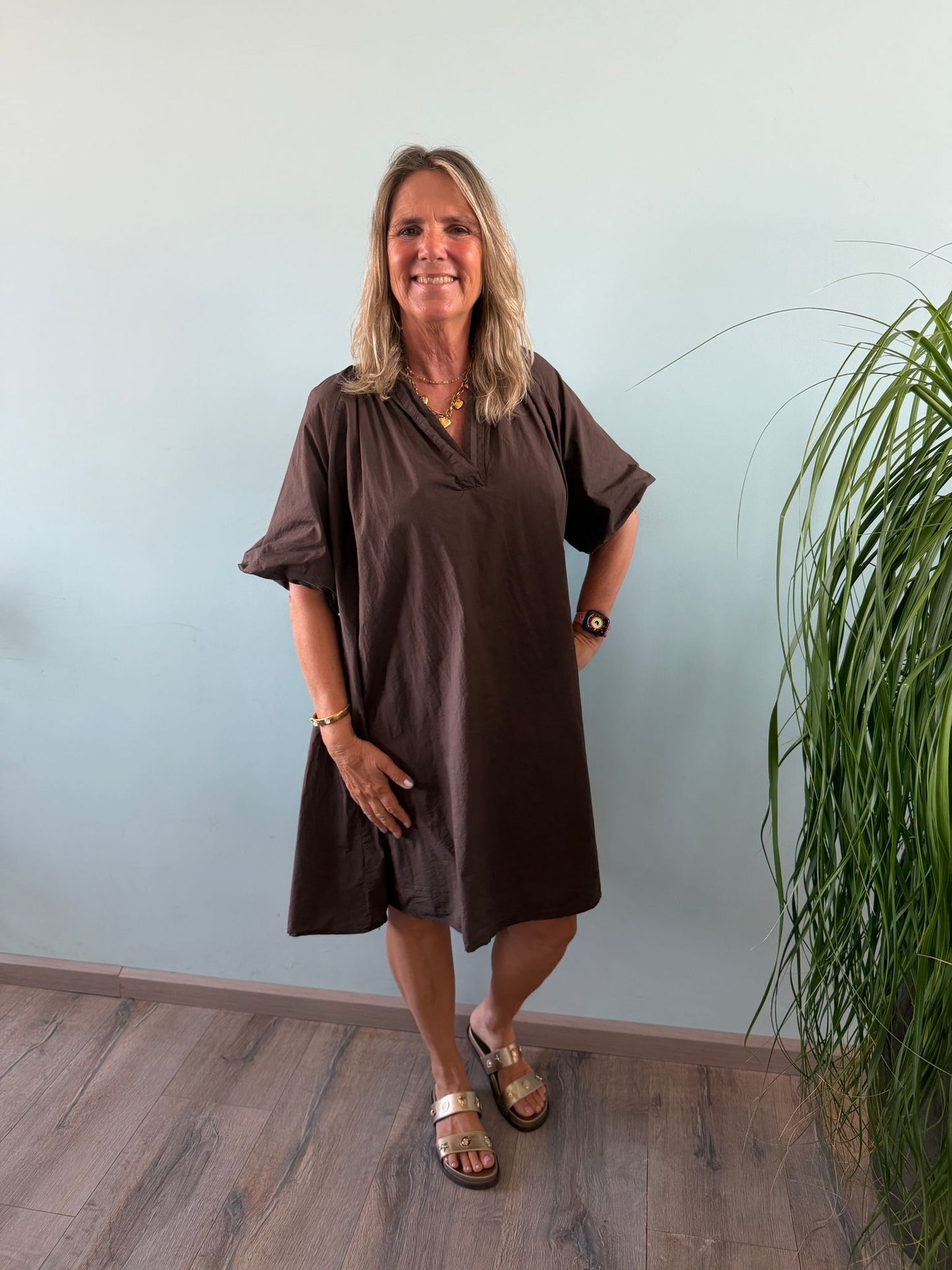 Damen Kleid mit Ballonärmeln aus Baumwolle Jully