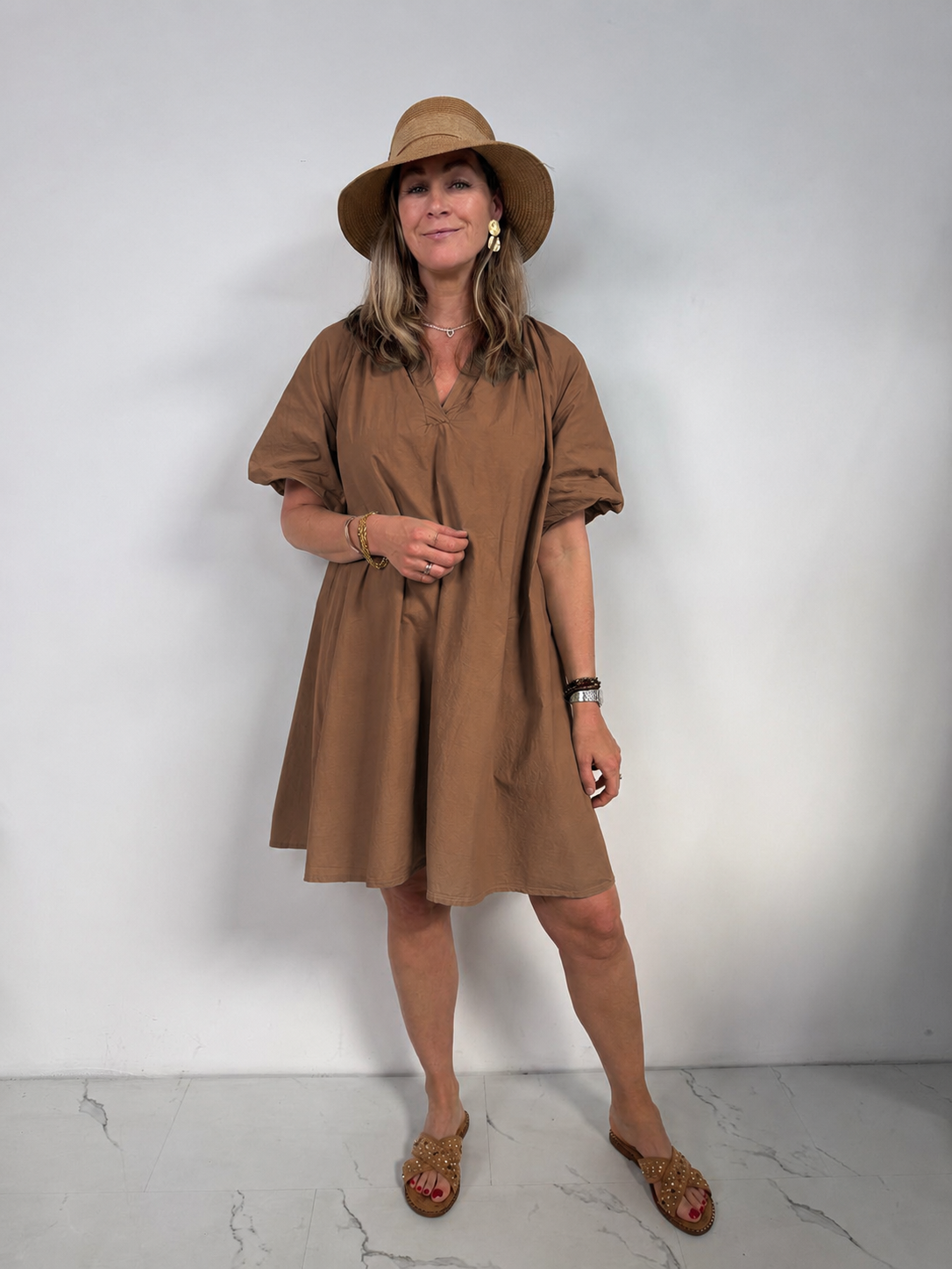 Damen Kleid mit Ballonärmeln aus Baumwolle Jully