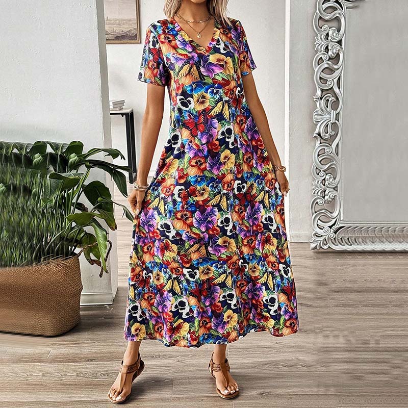 Damen Kleid mit Blumendruck und V-Ausschnitt Jully