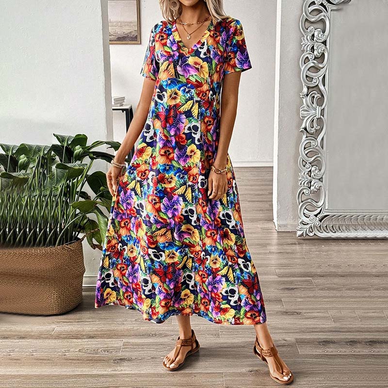 Damen Kleid mit Blumendruck und V-Ausschnitt Jully