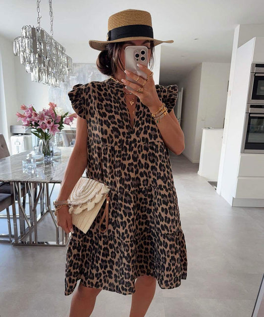 Damen Kleid mit Rüschenärmeln im Leopardenprint Jully