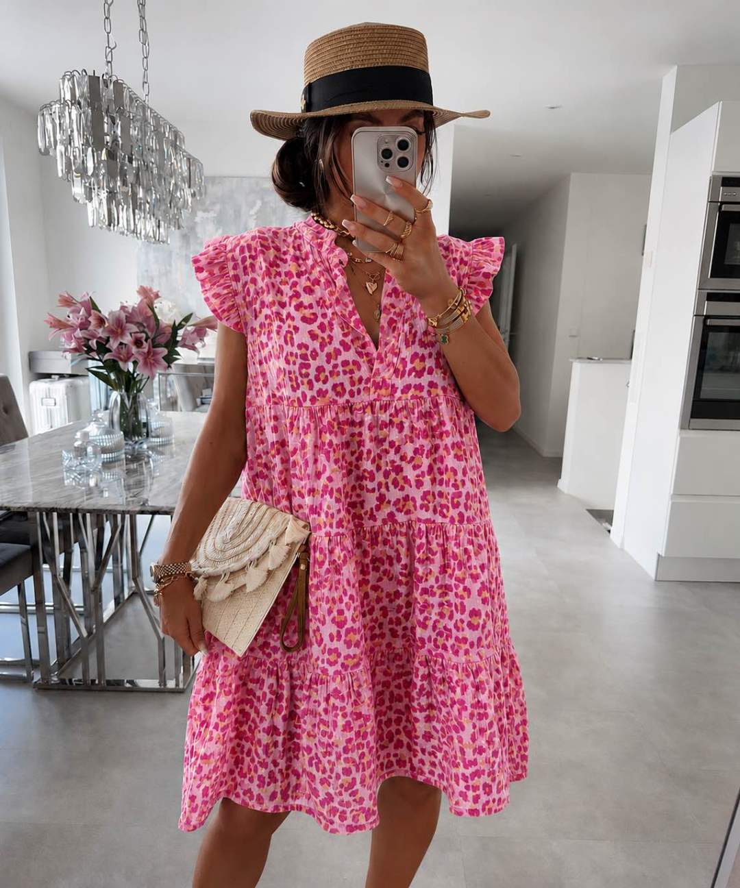 Damen Kleid mit Rüschenärmeln im Leopardenprint Jully