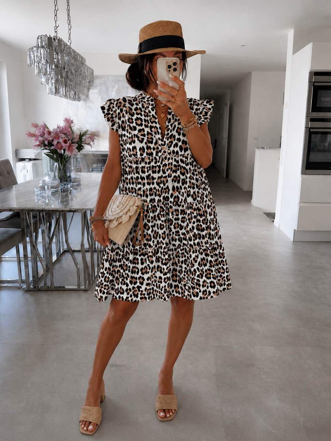Damen Kleid mit Rüschenärmeln im Leopardenprint Jully