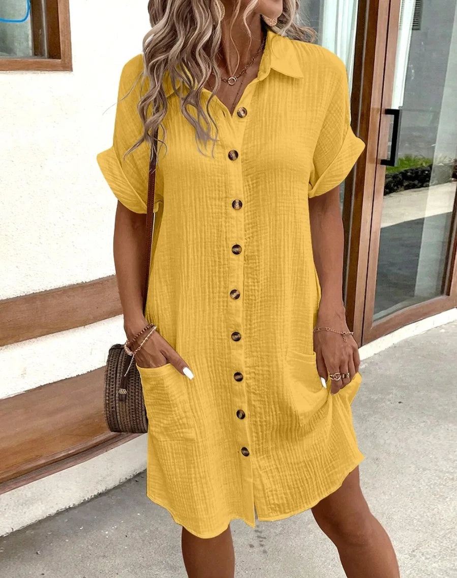 Damen Kleid mit V-Ausschnitt aus Baumwolle und Leinen Jully
