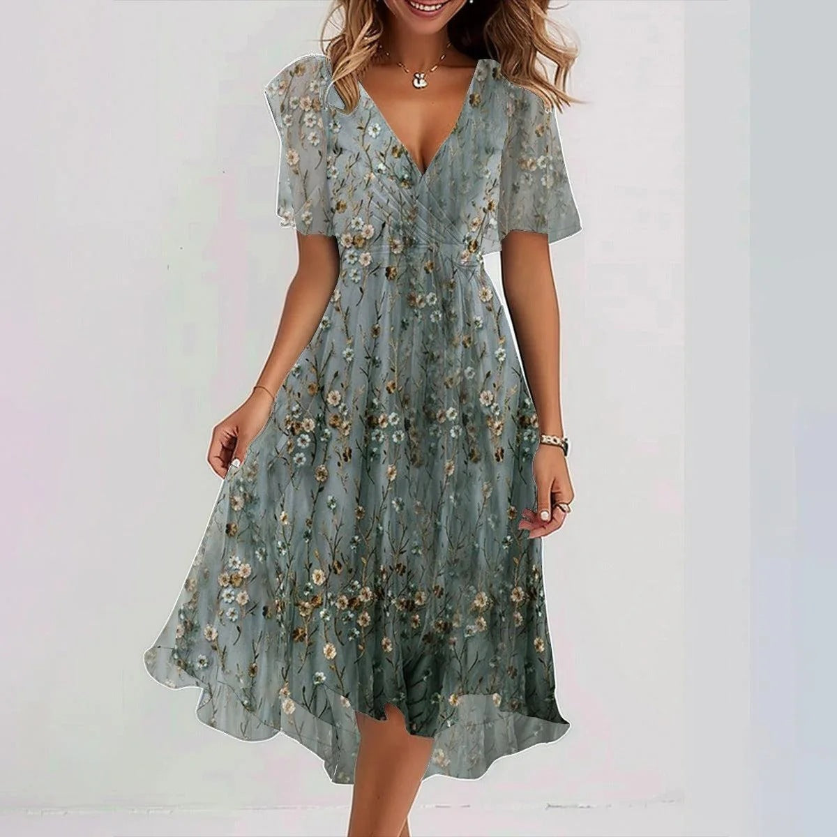 Damen Kleid mit V-Ausschnitt aus leichtem Stoff Jully