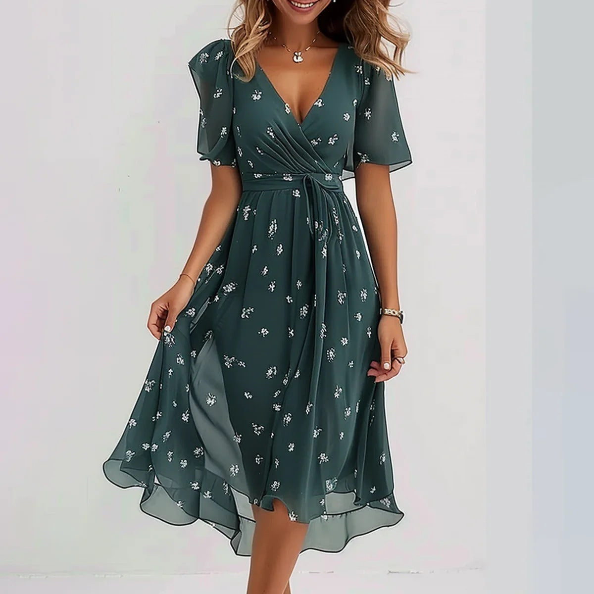 Damen Kleid mit V-Ausschnitt aus leichtem Stoff Jully