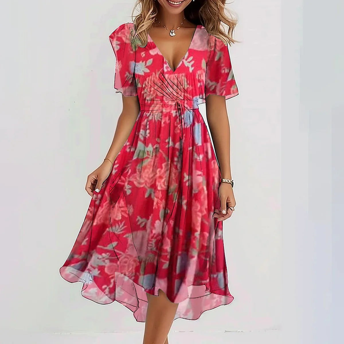 Damen Kleid mit V-Ausschnitt aus leichtem Stoff Jully