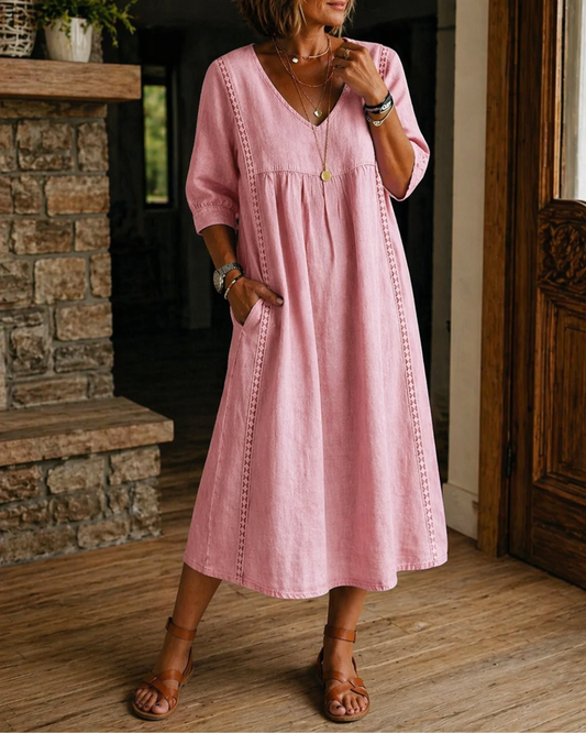 Damen Kleid mit V-Ausschnitt und Taschen Jully