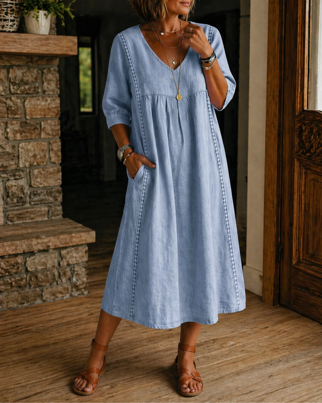 Damen Kleid mit V-Ausschnitt und Taschen Jully
