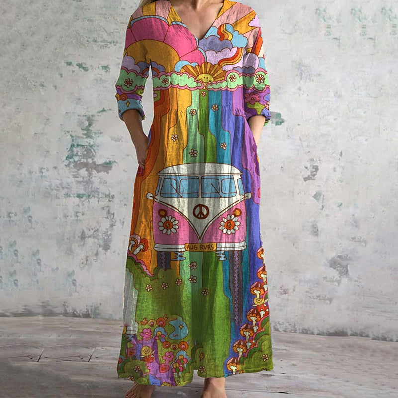 Damen Kleid mit buntem Druck und V-Ausschnitt Jully