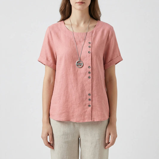 Damen Kurzarmbluse mit Knopfleiste in Rosa Jully