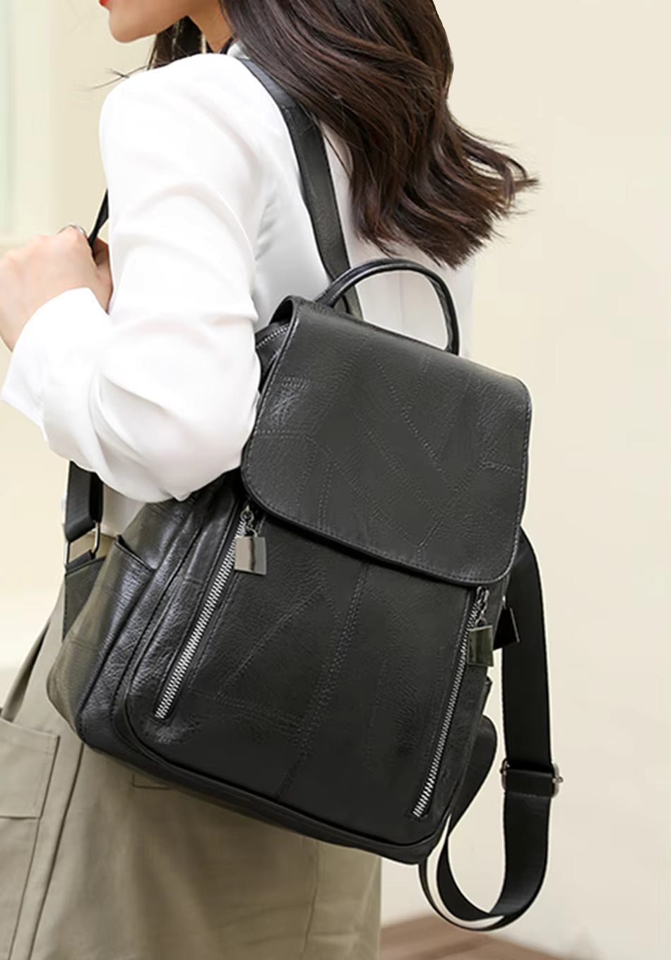 Damen Lederrucksack mit Diebstahlschutz in Schwarz Jully