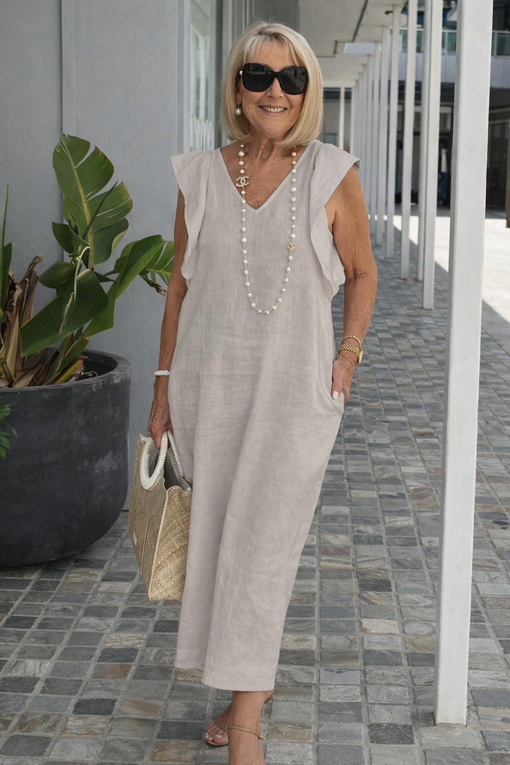 Damen Leinenkleid mit V-Ausschnitt und Volants Jully