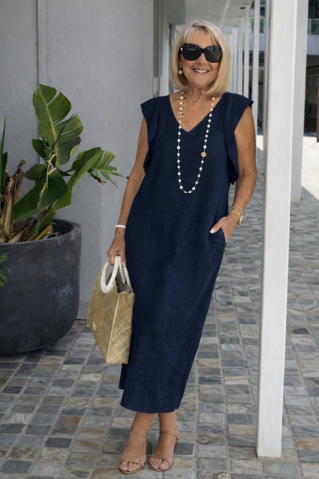 Damen Leinenkleid mit V-Ausschnitt und Volants Jully