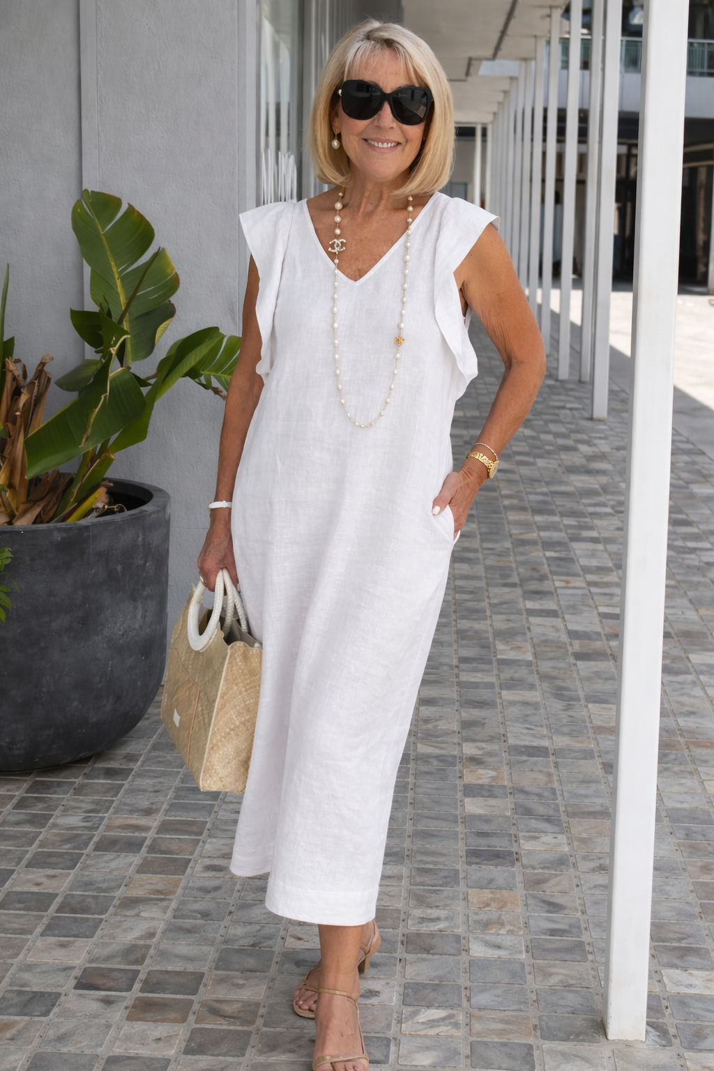 Damen Leinenkleid mit V-Ausschnitt und Volants Jully