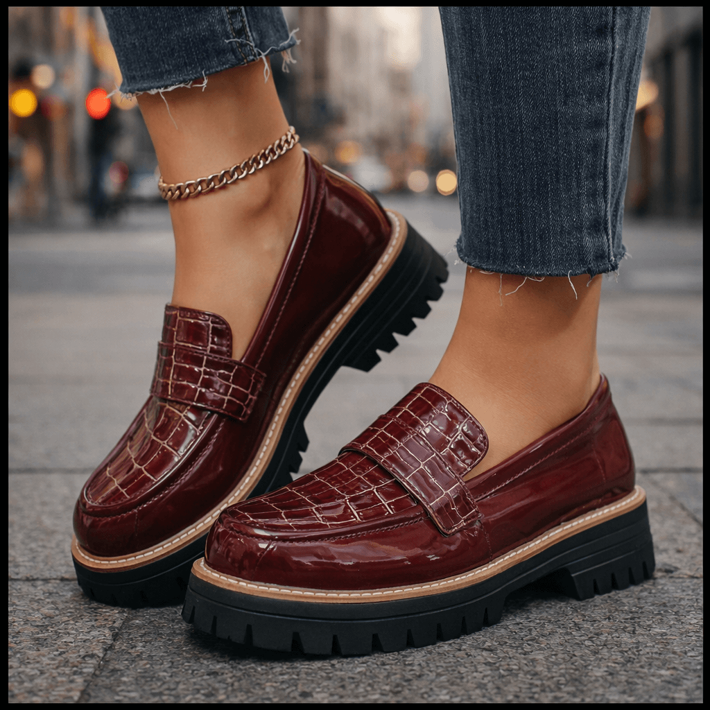 Damen Loafer Schwarz mit Krokoprägung und gepolstertem Fußbett Jully