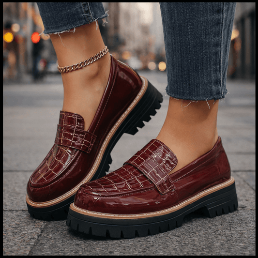 Damen Loafer Schwarz mit Krokoprägung und gepolstertem Fußbett Jully