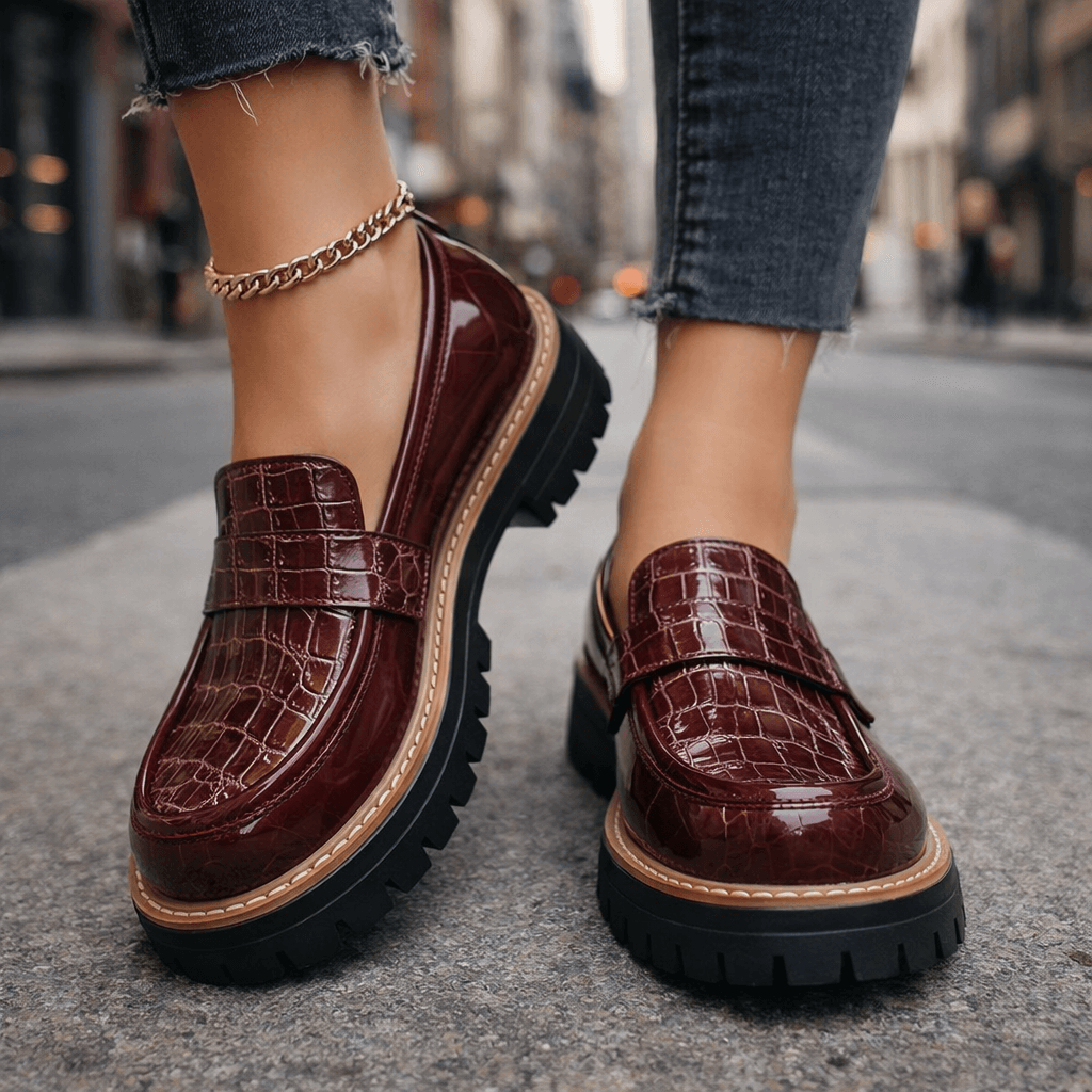 Damen Loafer Schwarz mit Krokoprägung und gepolstertem Fußbett Jully