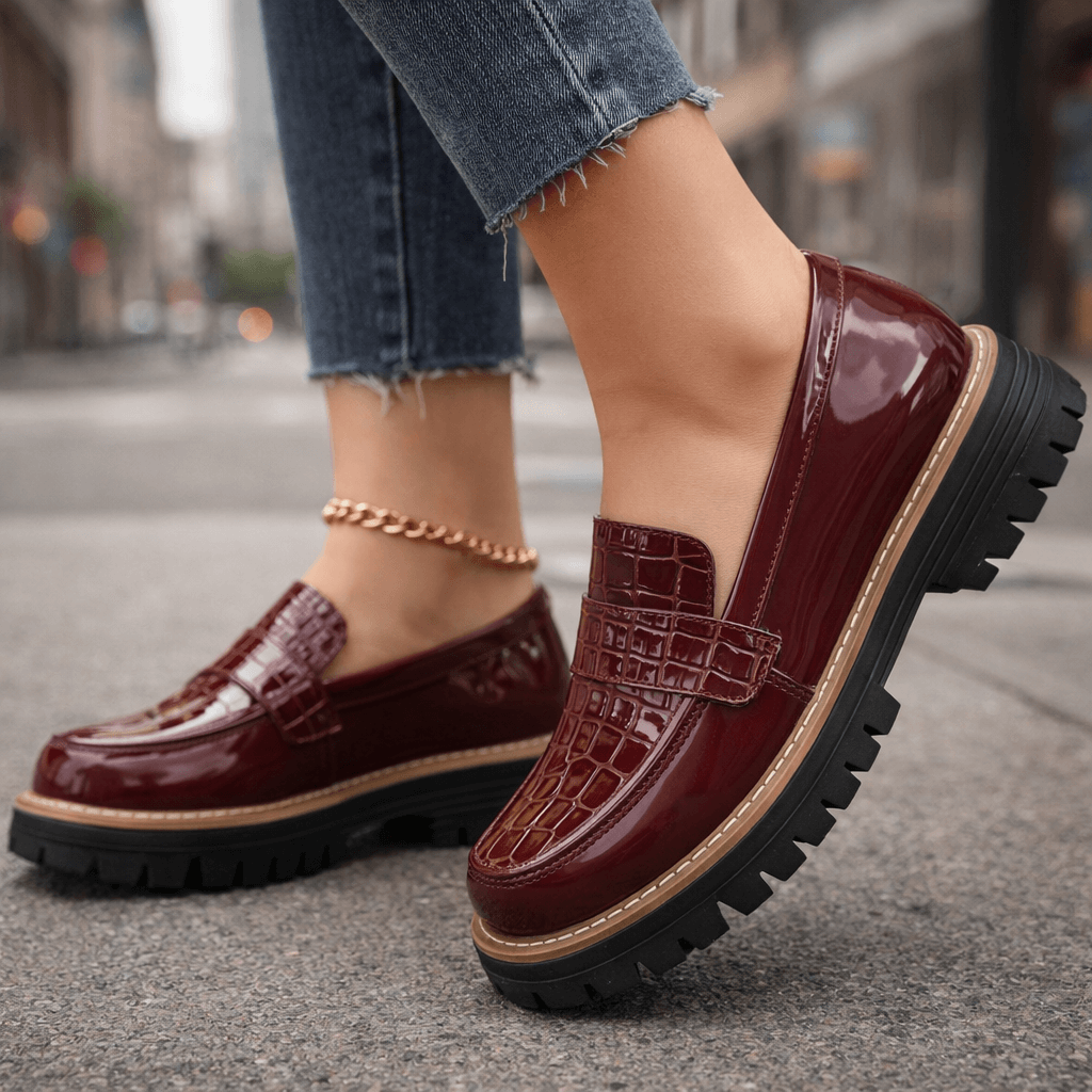 Damen Loafer Schwarz mit Krokoprägung und gepolstertem Fußbett Jully