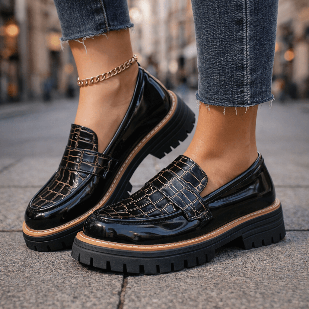Damen Loafer Schwarz mit Krokoprägung und gepolstertem Fußbett Jully