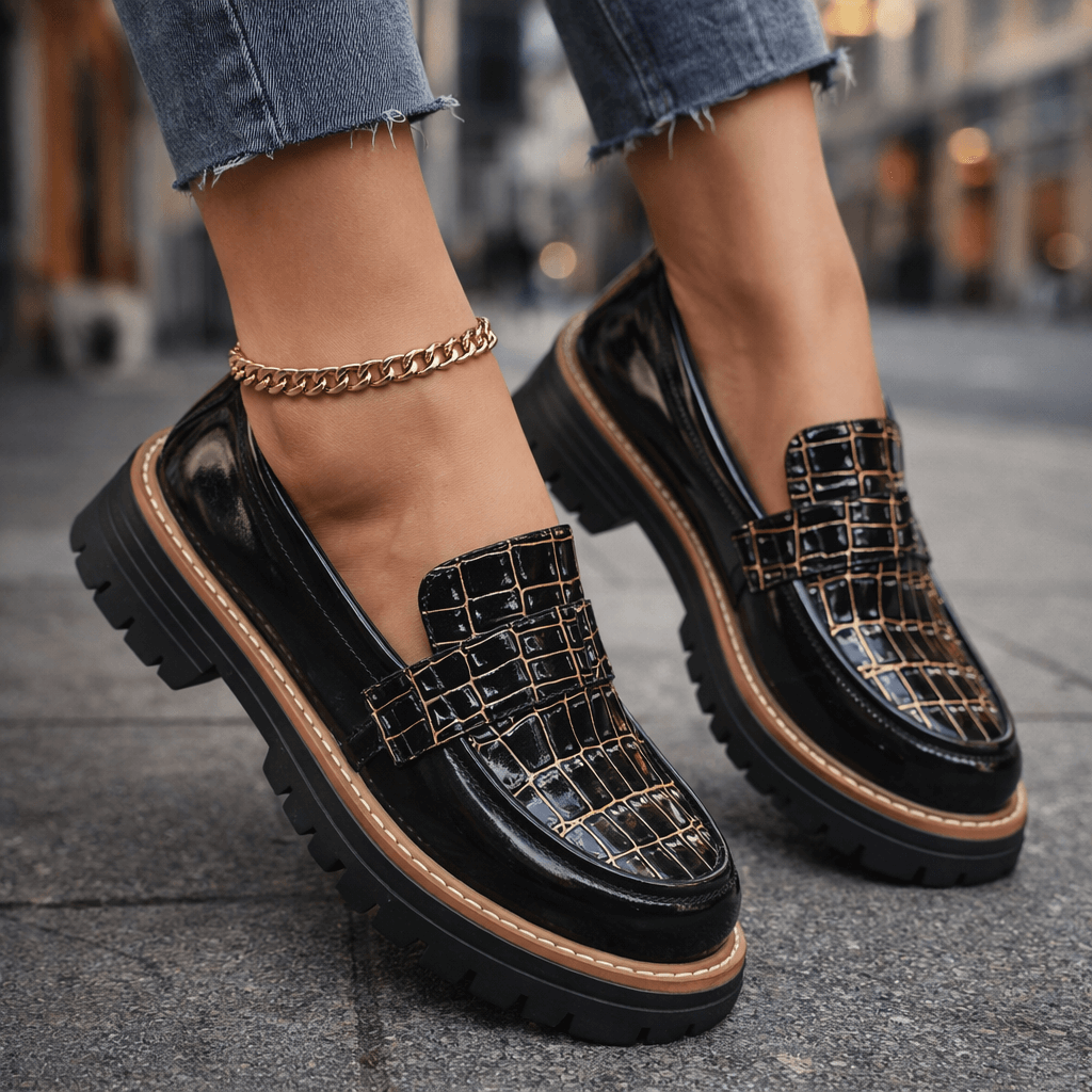 Damen Loafer Schwarz mit Krokoprägung und gepolstertem Fußbett Jully