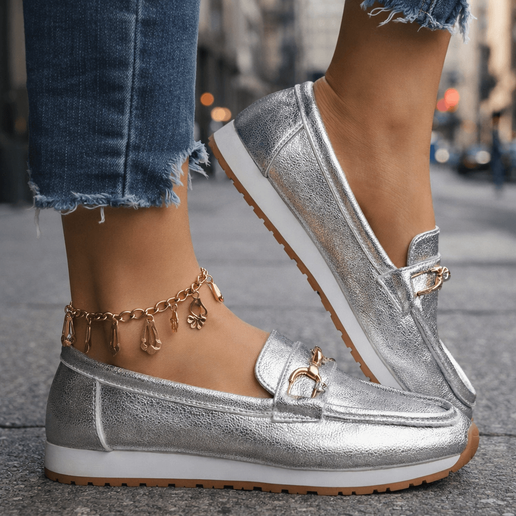 Damen Loafer aus Metallic-Leder mit gepolsterter Sohle Jully