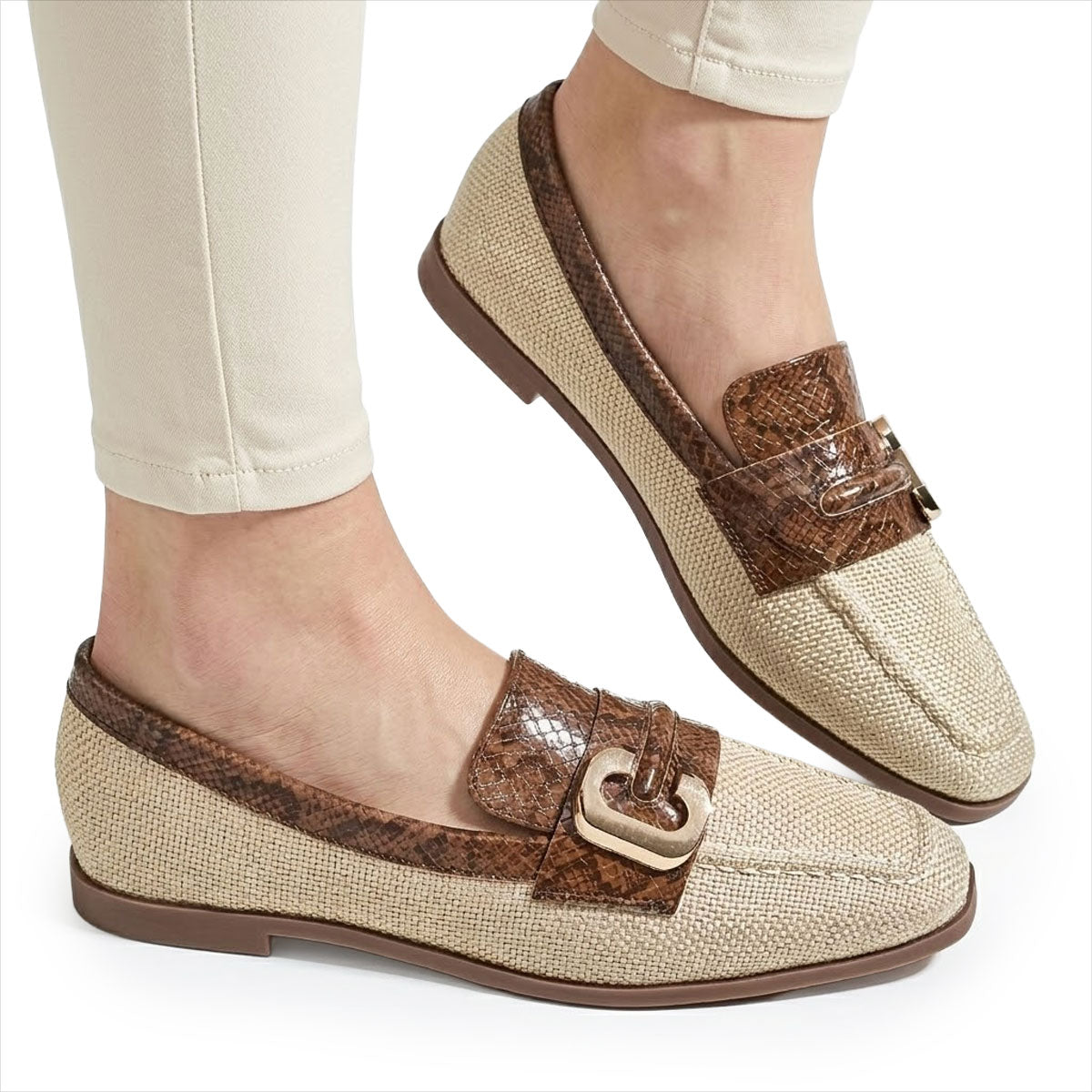 Damen Loafer aus Schlangenlederimitat mit goldener Schnalle Jully