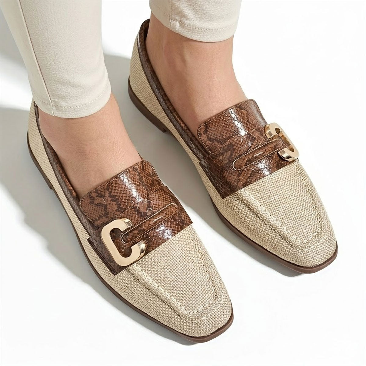 Damen Loafer aus Schlangenlederimitat mit goldener Schnalle Jully