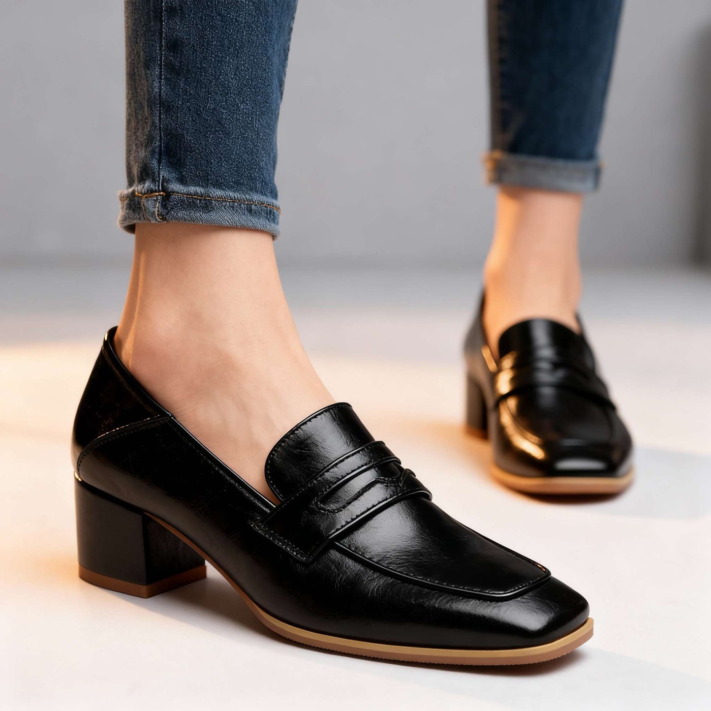 Damen Loafer aus glattem Leder mit Blockabsatz Jully
