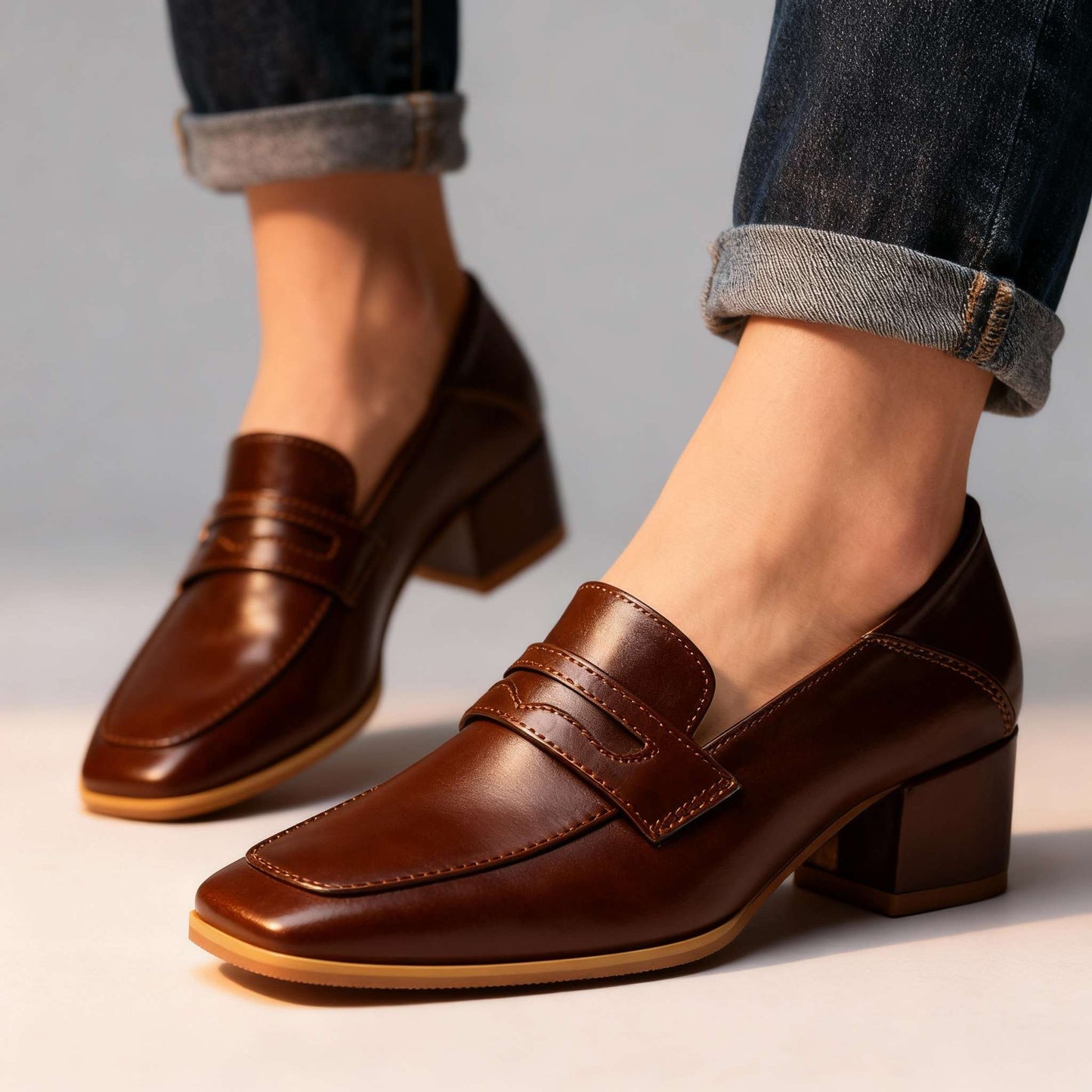 Damen Loafer aus glattem Leder mit Blockabsatz Jully