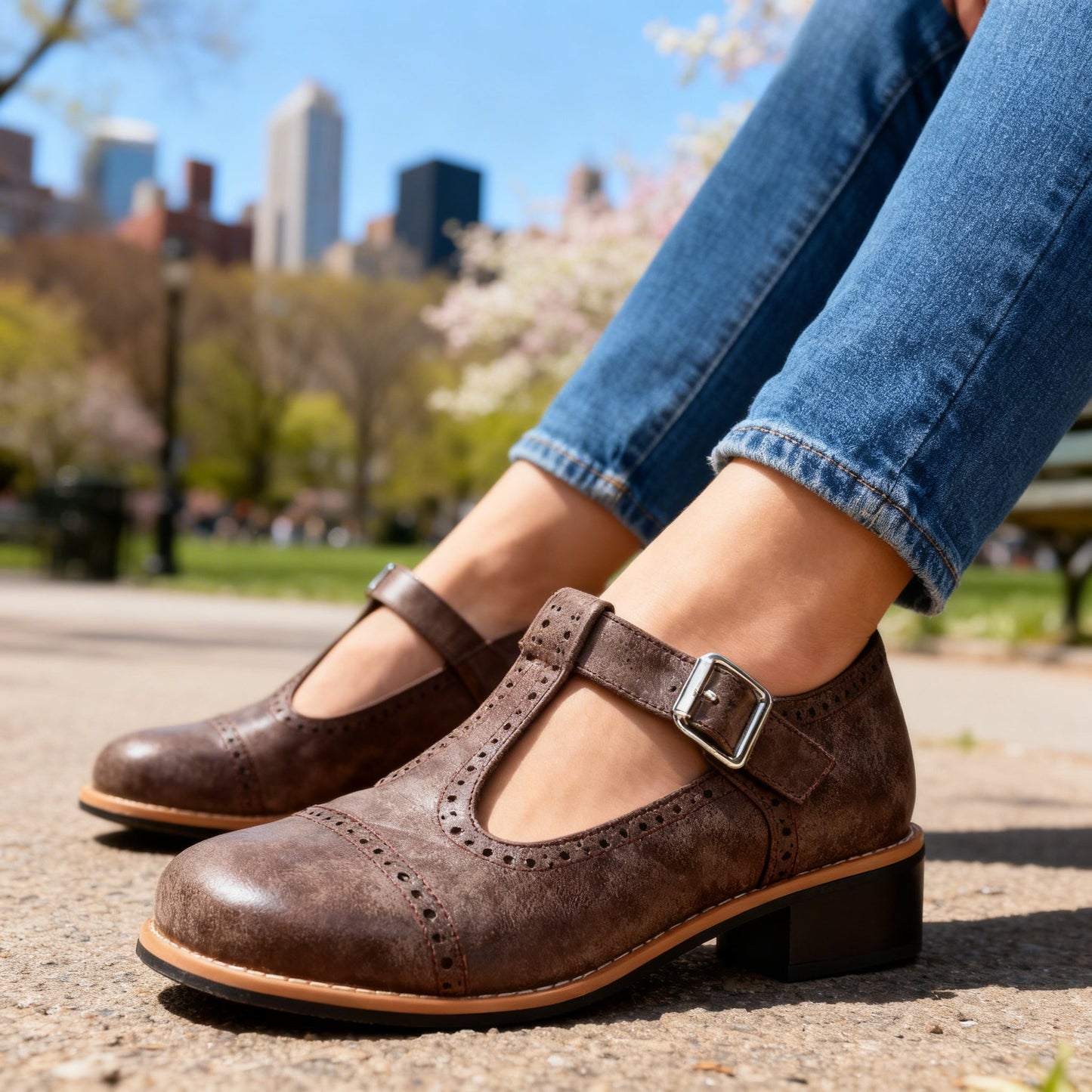Damen Loafer aus strukturiertem Leder mit verstellbarem Riemen Jully
