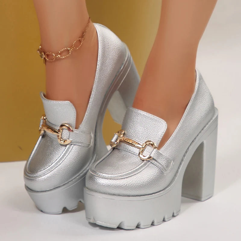 Damen Loafer mit Blockabsatz aus Metallic Jully