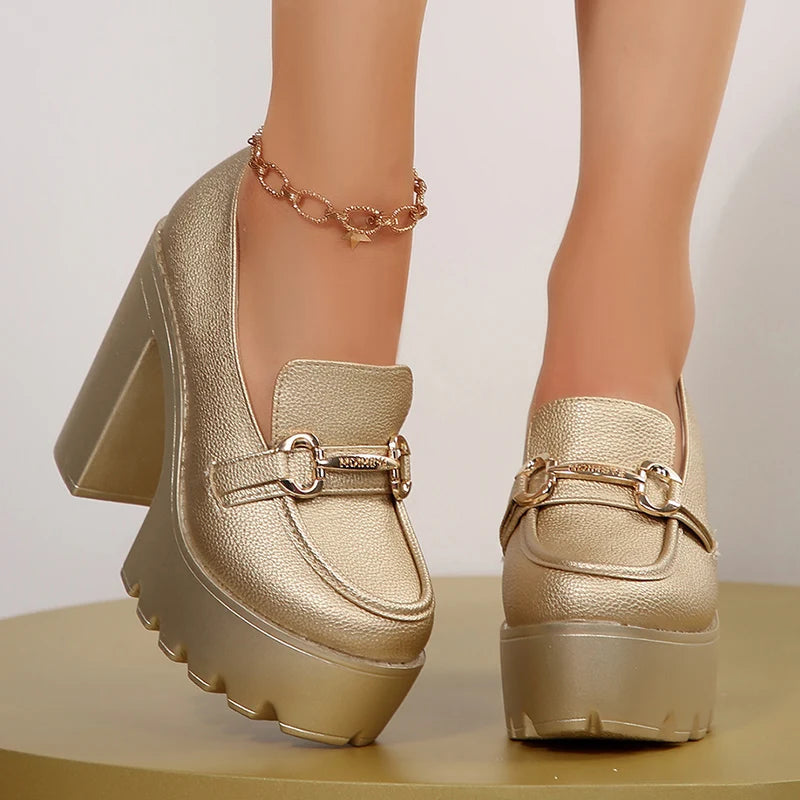 Damen Loafer mit Blockabsatz aus Metallic Jully