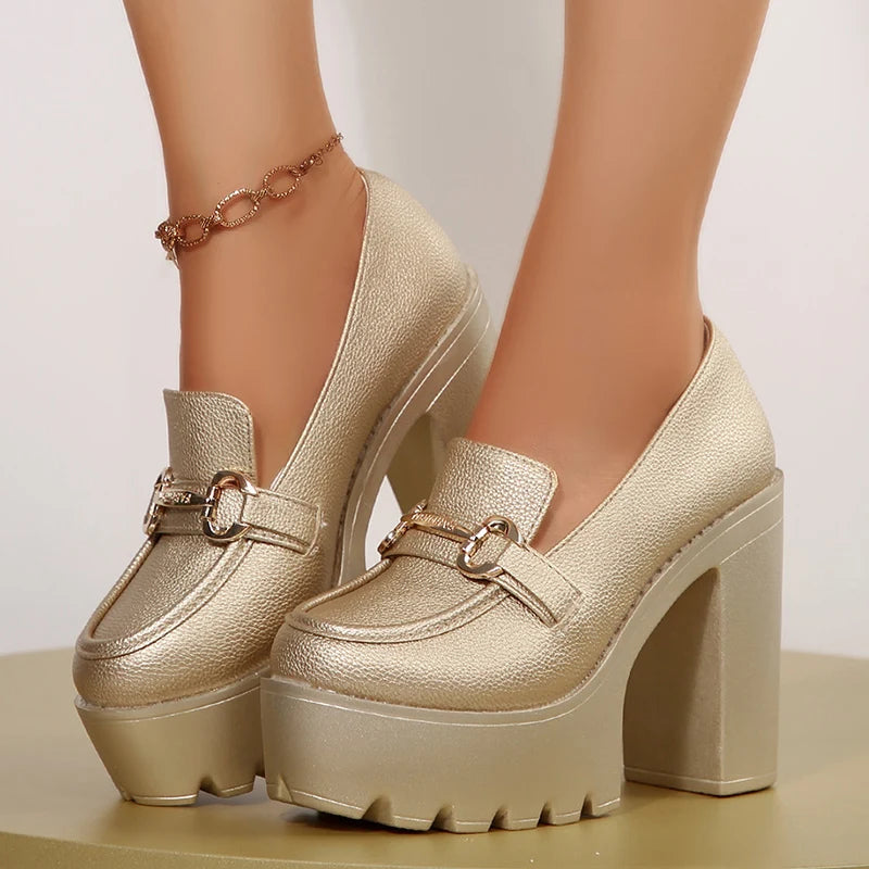 Damen Loafer mit Blockabsatz aus Metallic Jully