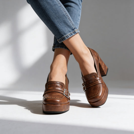 Damen Loafer mit Brogue-Perforation und Blockabsatz Jully