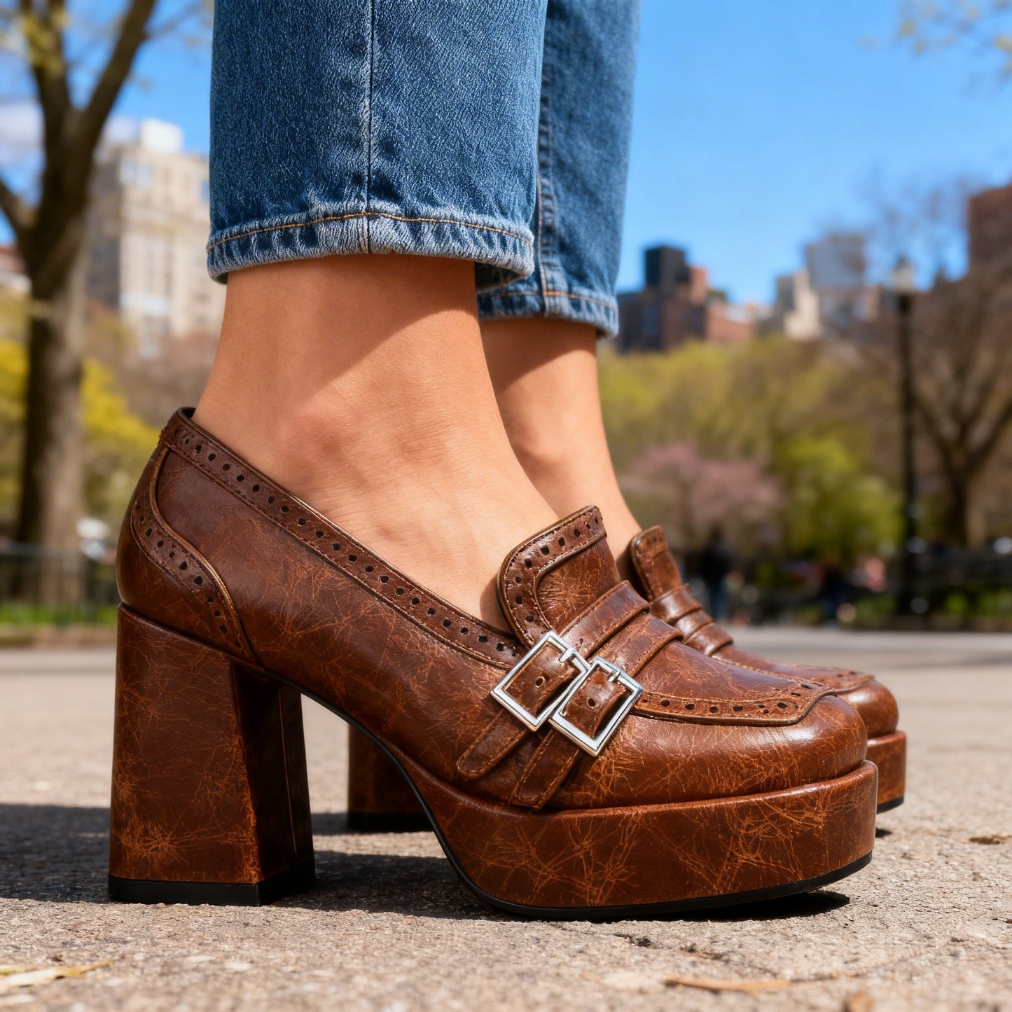 Damen Loafer mit Brogue-Perforation und Blockabsatz Jully