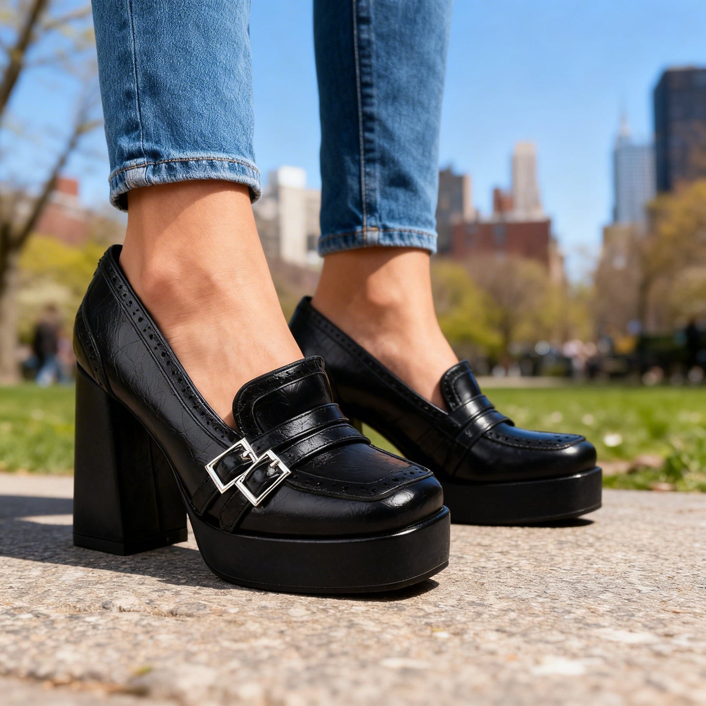 Damen Loafer mit Brogue-Perforation und Blockabsatz Jully